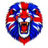 Lebendiger Löwenkopf mit Union Jack Mähne