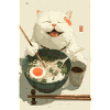 Happy White Cat Eating Ramen