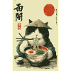 Samurai-Katze genießt Ramen