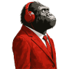 Gorilla im Anzug mit Kopfhörern