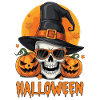 Skeleton with witch hat and pumpkins