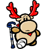 Comic reindeer Elmondo with plaster leg and crutch