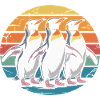 Three penguins at sunset