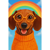 Glücklicher Hund mit Brille und Regenbogen
