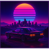 Neon Outrun Sunset Car – Retro Synthwave