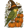 Witch Hat-Wearing Parakeet with Pumpkins 