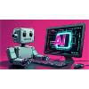 Futuristic AI Robot and Tech Screen