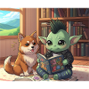 Mischender Kobold mit Hund im Bücherzimmer