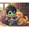 Kleiner Goblin mit Hund und Comic-Book
