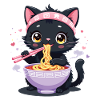 Black cat enjoying Japanese ramen