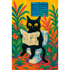 Whimsical Black Cat Reading on Toilet
