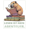 Capybara reading between stacks of books