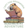 Capybara reading between stacks of books