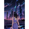Futuristic city at night with woman