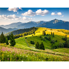 Bucolic landscape of mountains and meadows