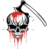 Bloody skull split by an axe