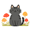 Whimsical Black Cat with Colourful Mushrooms