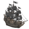 Abandoned pirate ship with skull logo