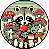 Whimsical Raccoon Among Red Mushrooms