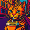 Lebhafte Stadtkatze mit Getränk, liebe Katzen