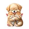 Little dog hugging two kittens