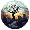 Spooky cemetery with gnarled tree
