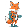 Abenteuer-Fuchs mit Rucksack und Tasse