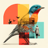 Gestaltwandelnder Vogel in bunter Collage