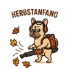 Herbstanfang Bulldogge mit Laubbläser