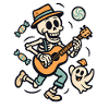 Squelette avec guitare et chapeau fantôme
