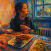 Expressief portret van reflectie en maaltijd