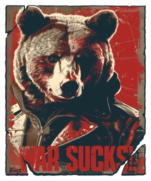 Blatant bear in leather jacket design, war is annoying