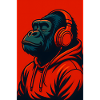 Gorilla im Kapuzenpullover mit Kopfhörern