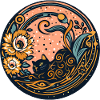 Black Cat Surrounded by Flowers and Moon