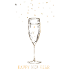 Sektglas mit Sternen und Neujahrsgruß.