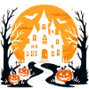 Château d'Halloween effrayant avec des citrouilles