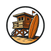 Beach hut with surfboard motif