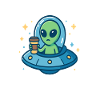Weltraumalien mit Kaffeetasse und Botschaft