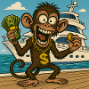 Humorous monkey with money and yacht