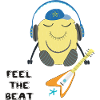 Comic figure with headphones and guitar