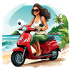 Frau mit rotem Roller am Strand