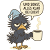 Mürrischer Rabenvogel mit Kaffeetasse