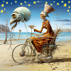 Surreal beach spirit with moonskull Halloween
