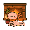 Axolotl Christmas cozy by the fireplace