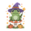 Witch frog on toadstool with pumpkins