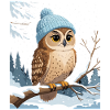 Eule mit Wintermütze im Schneewald