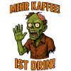 Humorous zombie with coffee gesture