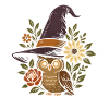 Owl in magic hat with flowers