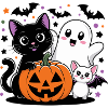 Halloween Ghost and Cat with Pumpkin