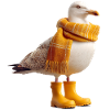 Humoristische zeemeeuw met regenlaarzen en sjaal